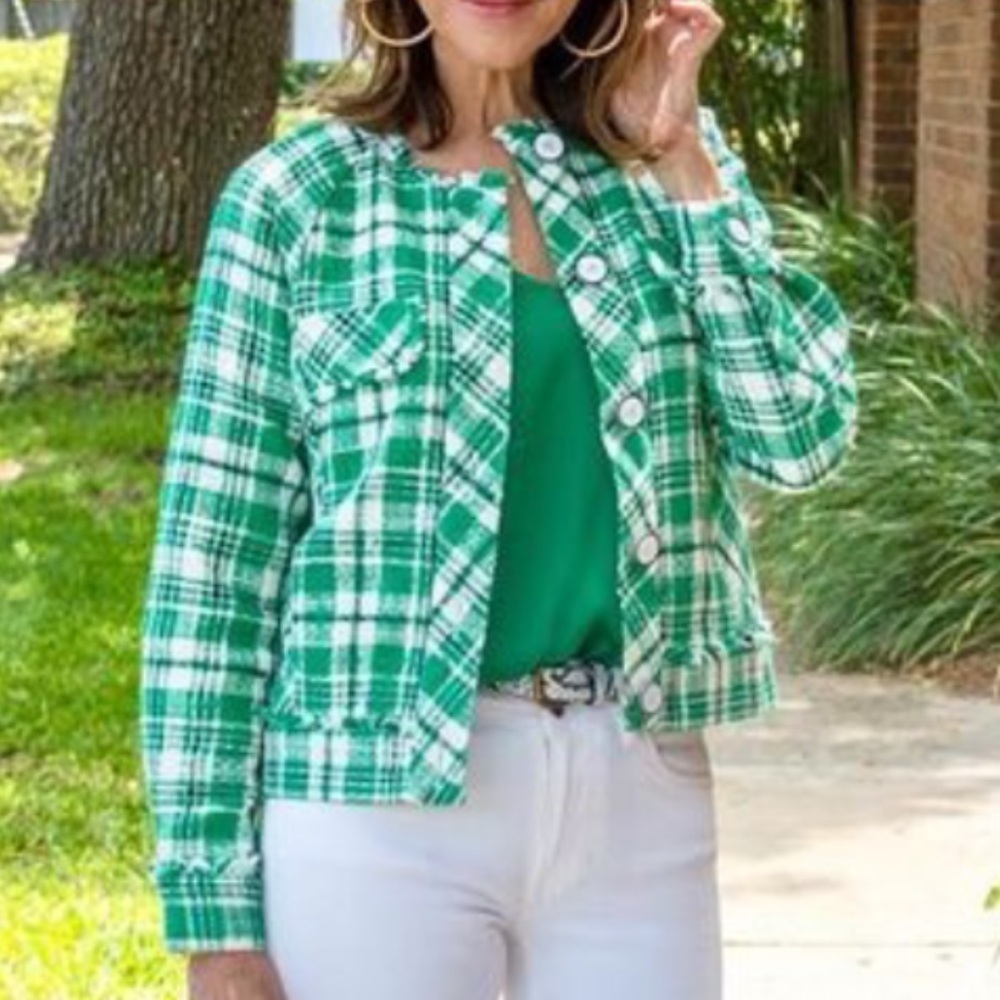 Cabi Library Jacket Green White Black Plaid size Medium